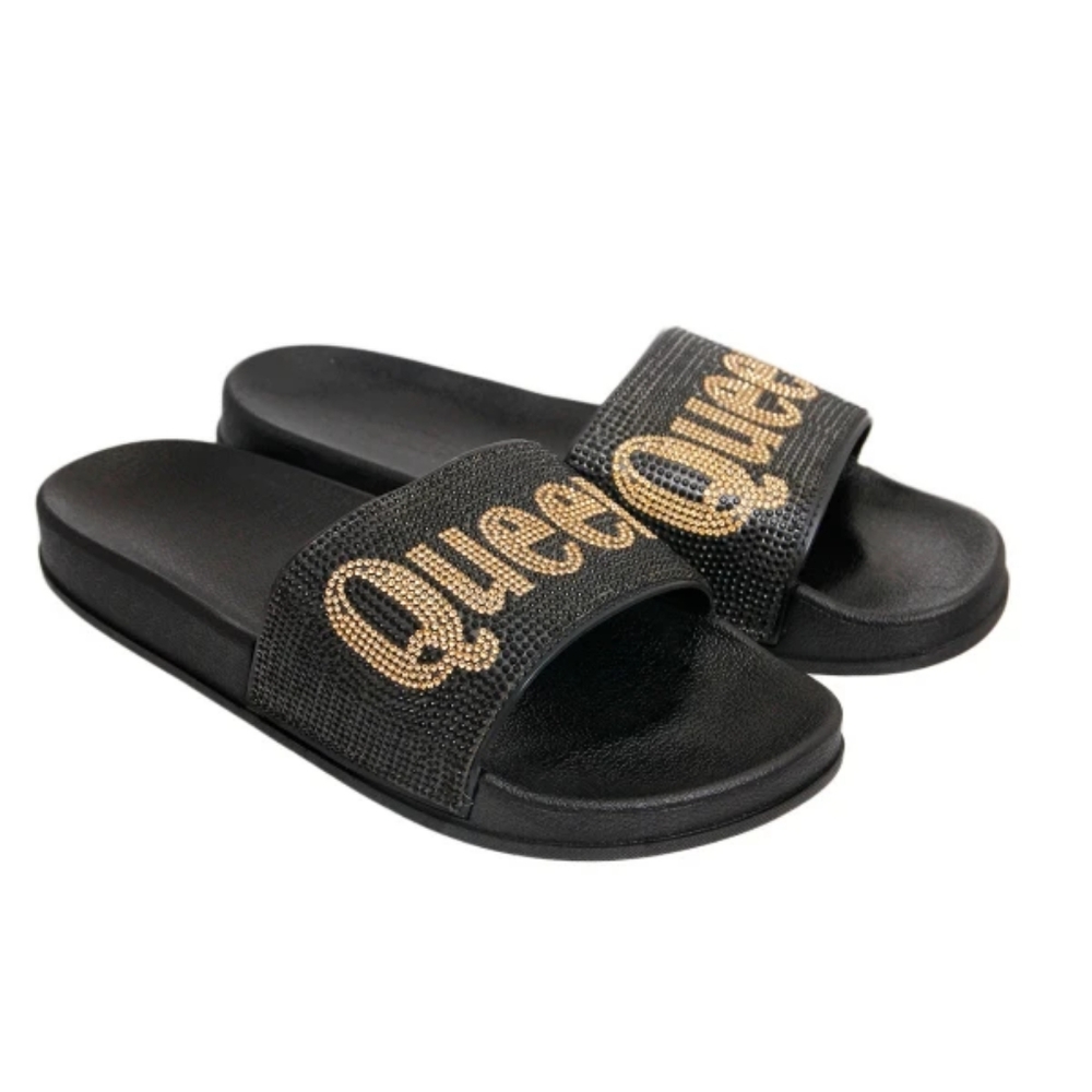 Gold Black QUEEN Crystal Slides Slippers Sandals Fashion Statement Accessories - Picture 2 of 3
